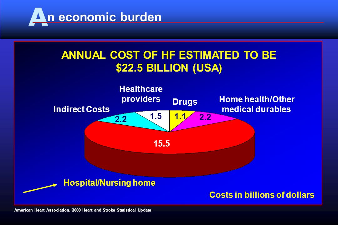ANNUAL COST OF HF ESTIMATED TO BE $22.5 BILLION (USA) A American Heart Association, 2000 Heart and Stroke Statistical Update n economic burden Hospital/Nursing home Healthcare providers Indirect Costs Home health/Other medical durables Drugs Costs in billions of dollars 1.1