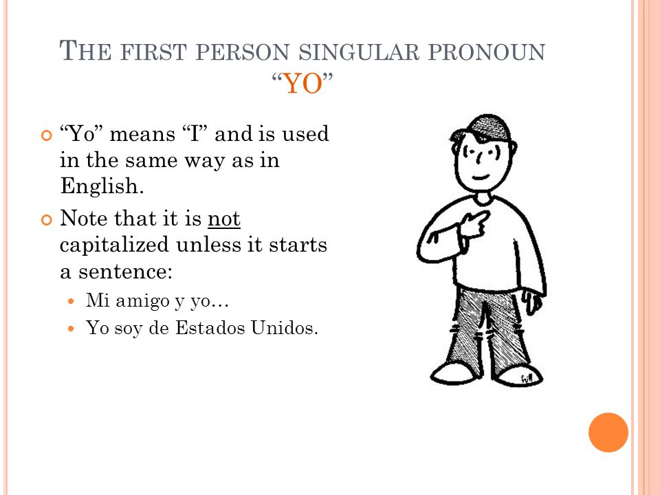 T HE FIRST PERSON SINGULAR PRONOUN YO Yo means I and is used in the same way as in English.