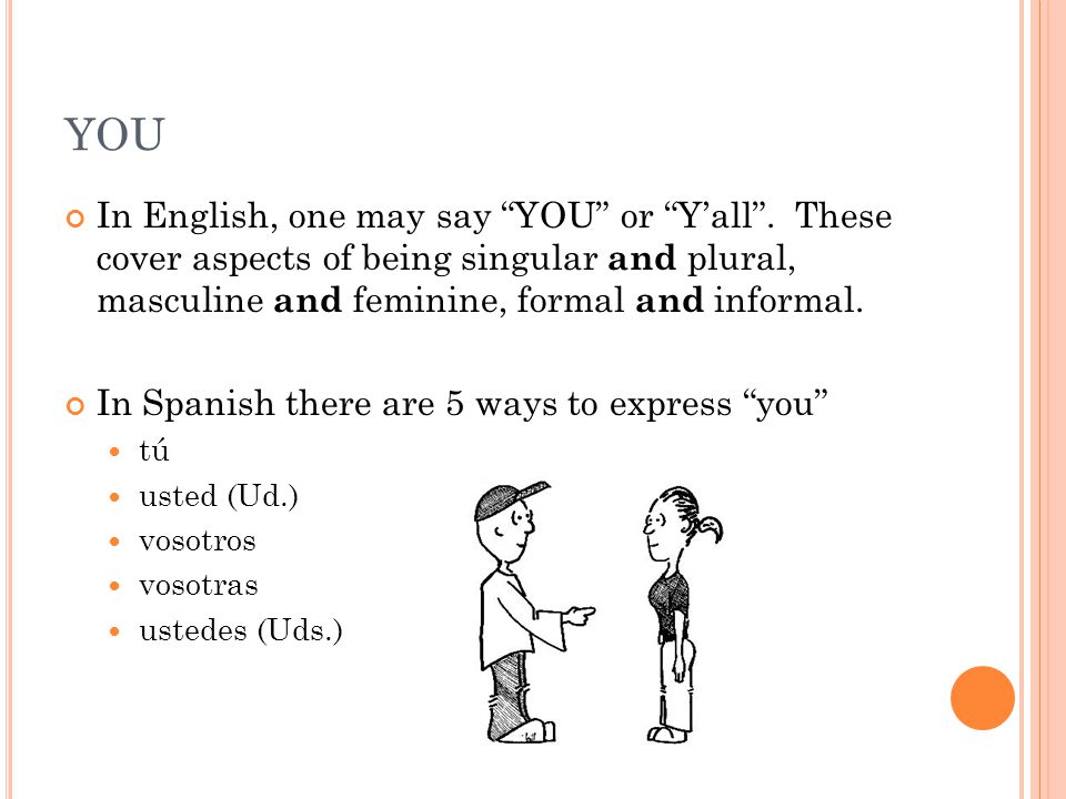 YOU In English, one may say YOU or Y’all .