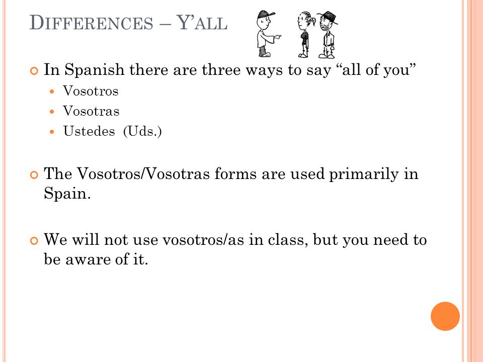 In Spanish there are three ways to say all of you Vosotros Vosotras Ustedes (Uds.) The Vosotros/Vosotras forms are used primarily in Spain.