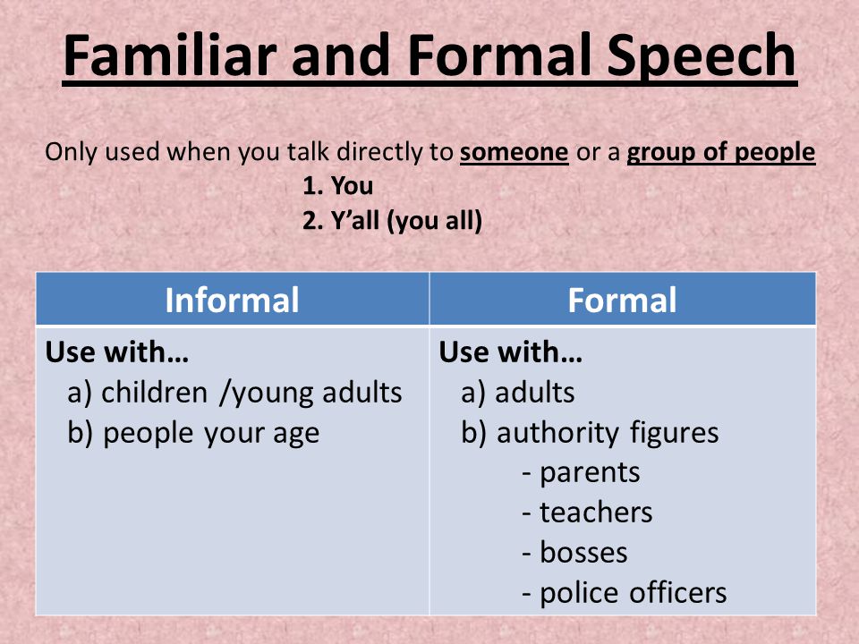 Familiar and Formal Speech InformalFormal Use with… a) children /young adults b) people your age Use with… a) adults b) authority figures - parents - teachers - bosses - police officers Only used when you talk directly to someone or a group of people 1.