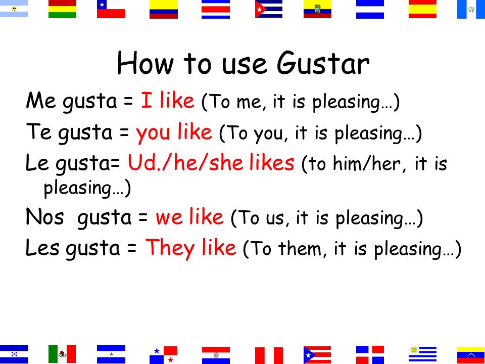 How to use Gustar Me gusta = I like (To me, it is pleasing…) Te gusta = you like (To you, it is pleasing…) Le gusta= Ud./he/she likes (to him/her, it is pleasing…) Nos gusta = we like (To us, it is pleasing…) Les gusta = They like (To them, it is pleasing…)