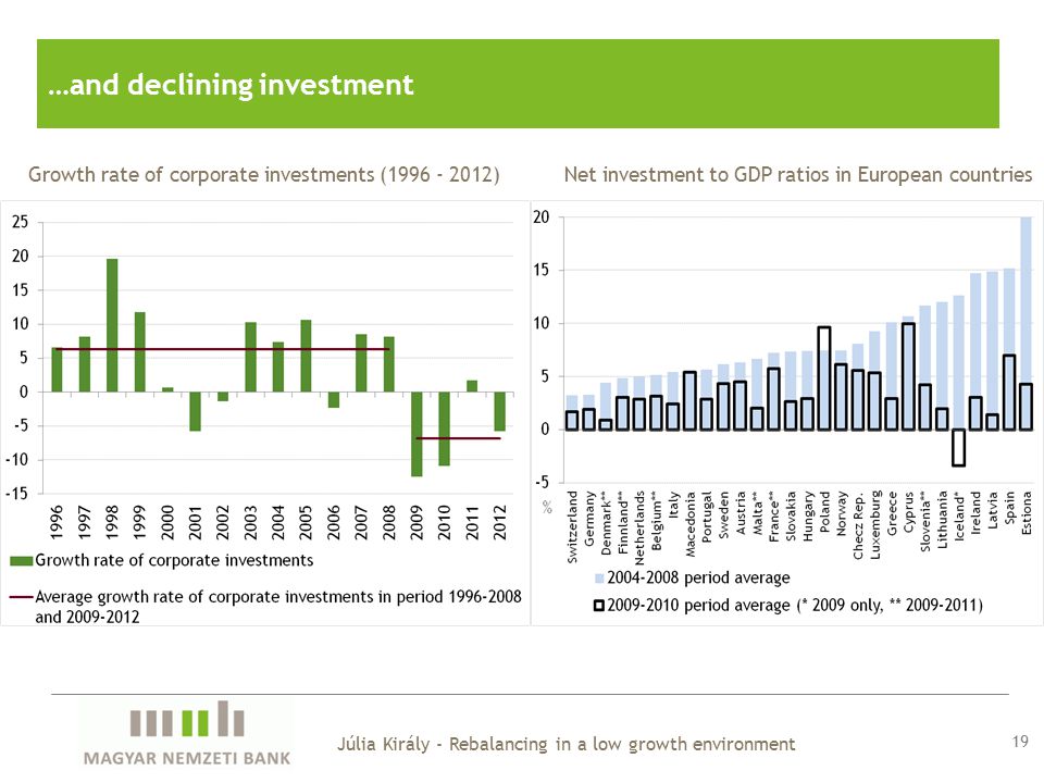 …and declining investment 19 Júlia Király - Rebalancing in a low growth environment Net investment to GDP ratios in European countriesGrowth rate of corporate investments ( )