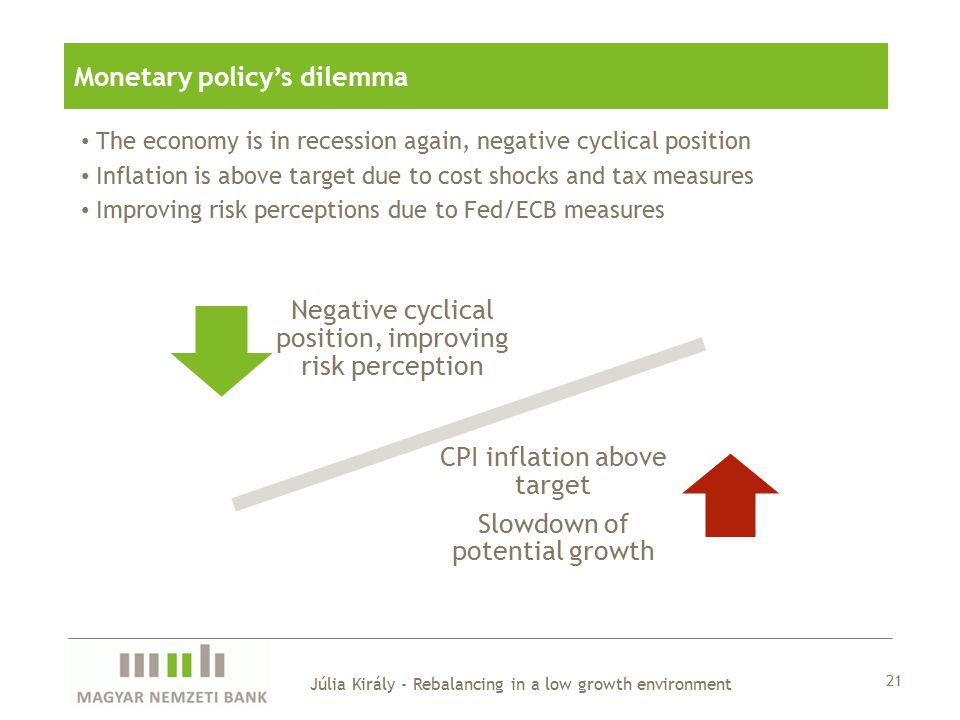 The economy is in recession again, negative cyclical position Inflation is above target due to cost shocks and tax measures Improving risk perceptions due to Fed/ECB measures Monetary policy’s dilemma Júlia Király - Rebalancing in a low growth environment 21