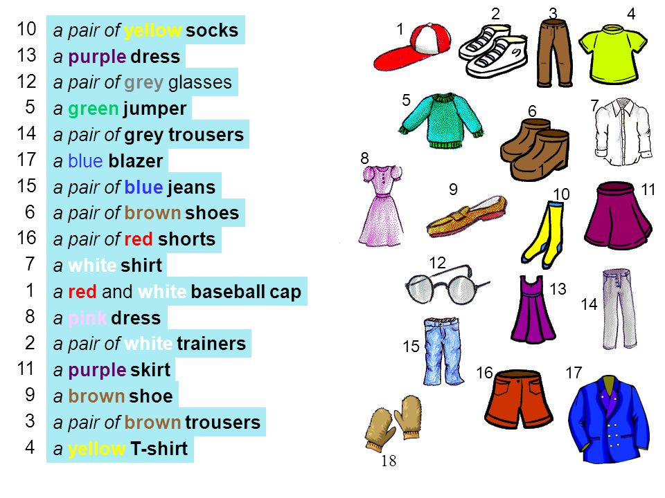 a pair of yellow socks a purple dress a green jumper a pair of grey trousers a blue blazer a pair of blue jeans a pair of brown shoes a pair of red shorts a white shirt a red and white baseball cap a pink dress a pair of white trainers a purple skirt a brown shoe a pair of brown trousers a yellow T-shirt a pair of grey glasses
