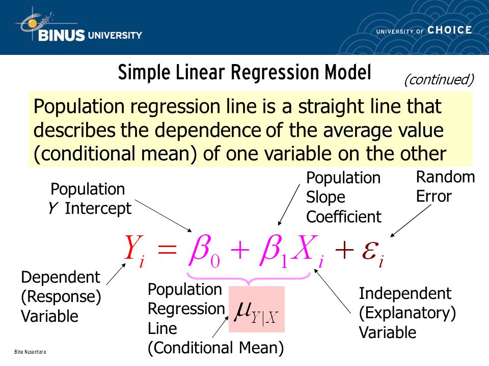Bina Nusantara Population Regression Line (Conditional Mean) Simple Linear Regression Model average value (conditional mean) Population regression line is a straight line that describes the dependence of the average value (conditional mean) of one variable on the other Population Y Intercept Population Slope Coefficient Random Error Dependent (Response) Variable Independent (Explanatory) Variable (continued)