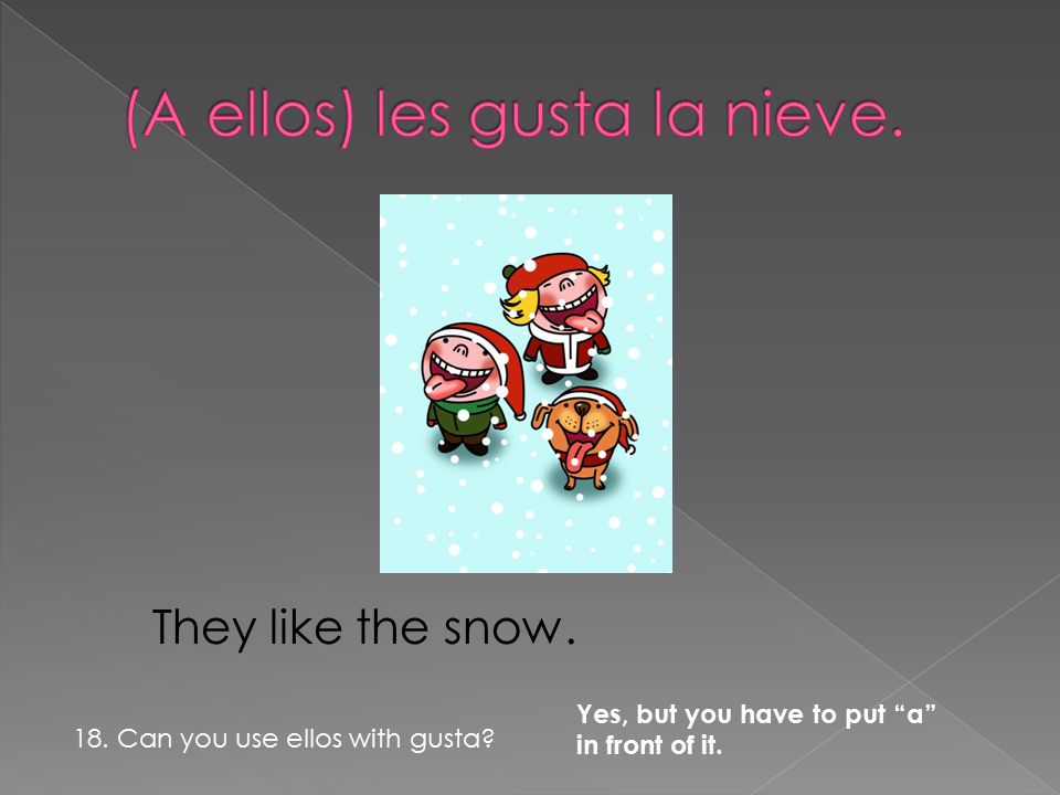 They like the snow. Yes, but you have to put a in front of it. 18. Can you use ellos with gusta