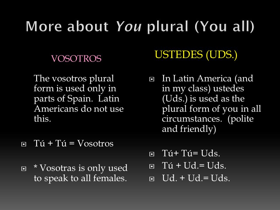 VOSOTROS USTEDES (UDS.) The vosotros plural form is used only in parts of Spain.