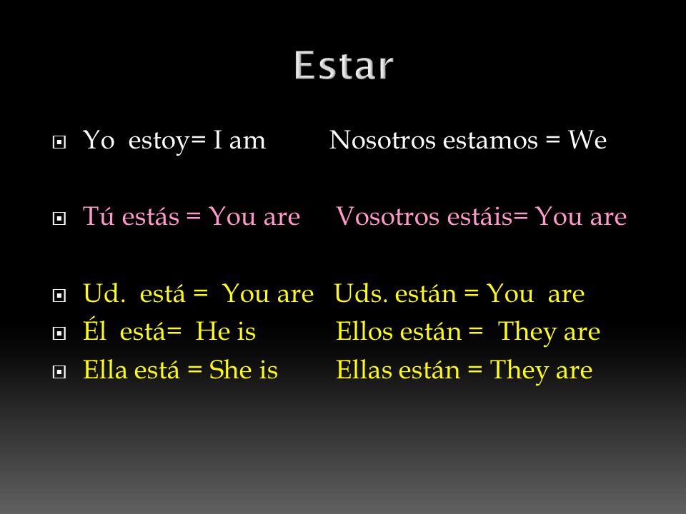  Yo estoy= I am Nosotros estamos = We  Tú estás = You are Vosotros estáis= You are  Ud.
