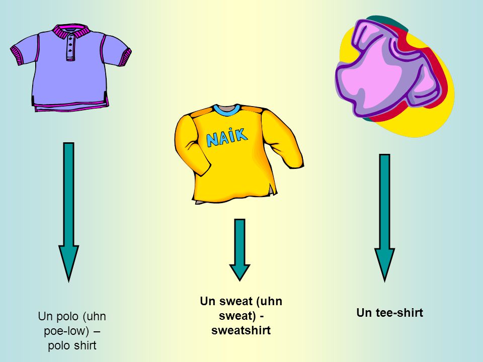Un polo (uhn poe-low) – polo shirt Un sweat (uhn sweat) - sweatshirt Un tee-shirt