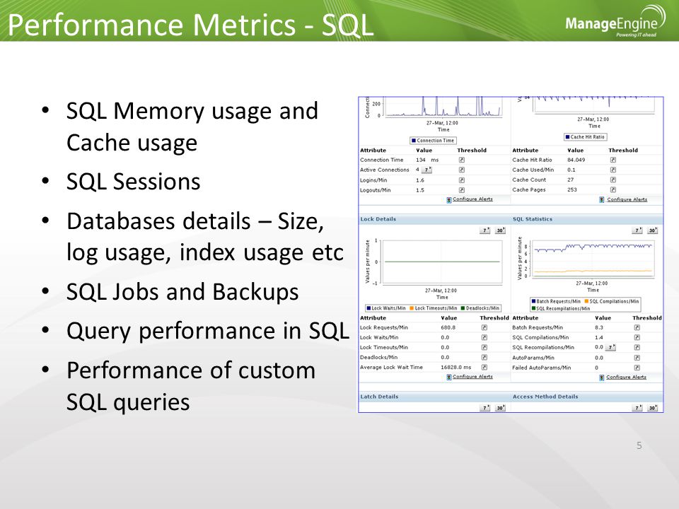 SQL Memory usage and Cache usage SQL Sessions Databases details – Size, log usage, index usage etc SQL Jobs and Backups Query performance in SQL Performance of custom SQL queries 5 Performance Metrics - SQL