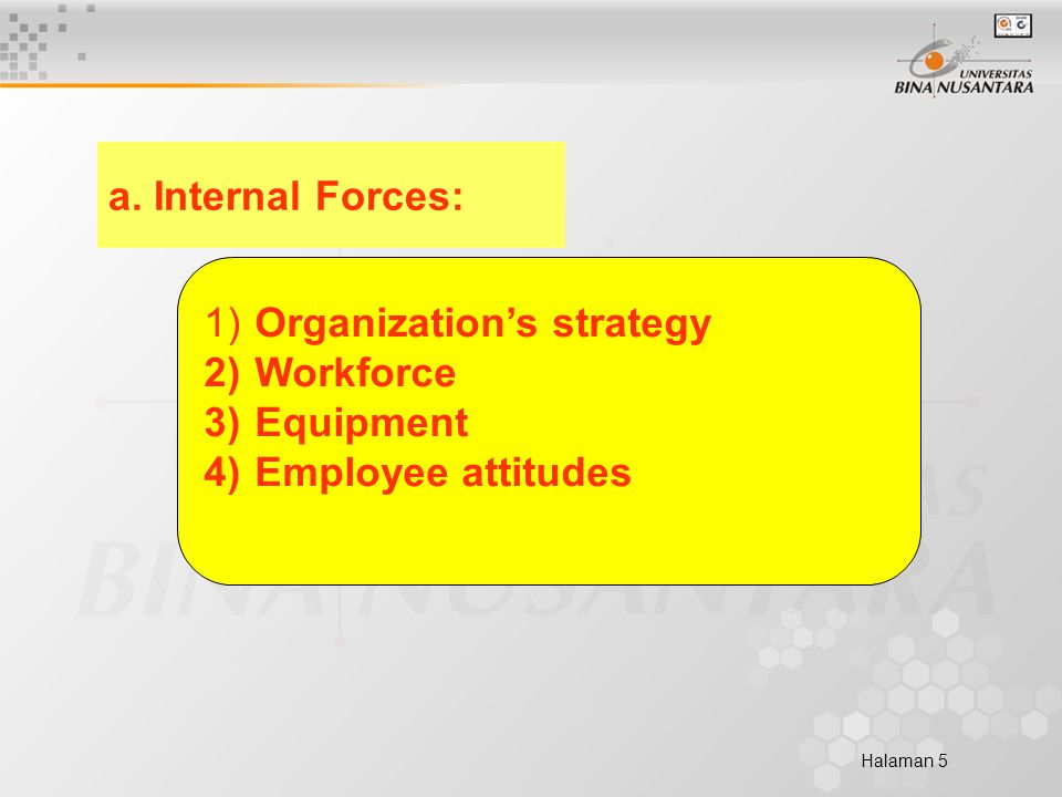 Halaman 5 1) Organization’s strategy 2) Workforce 3) Equipment 4) Employee attitudes a.