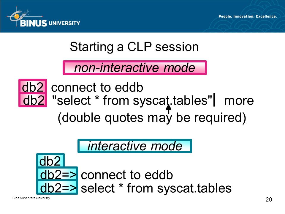 Bina Nusantara University 20 db2=> connect to eddb db2=> select * from syscat.tables db2 non-interactive mode interactive mode | | (double quotes may be required) db2 connect to eddb db2 select * from syscat.tables more Starting a CLP session