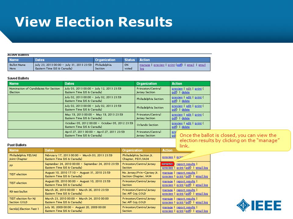 12-CRS-0106 REVISED 8 FEB 2013 View Election Results Once the ballot is closed, you can view the election results by clicking on the manage link.