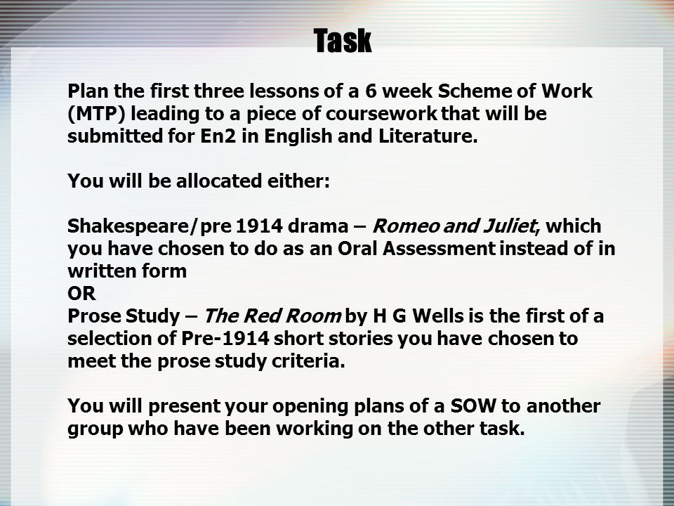 Task Plan the first three lessons of a 6 week Scheme of Work (MTP) leading to a piece of coursework that will be submitted for En2 in English and Literature.