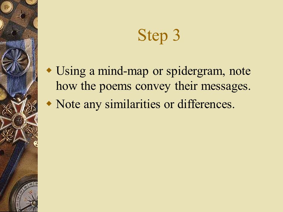Step 3  Using a mind-map or spidergram, note how the poems convey their messages.