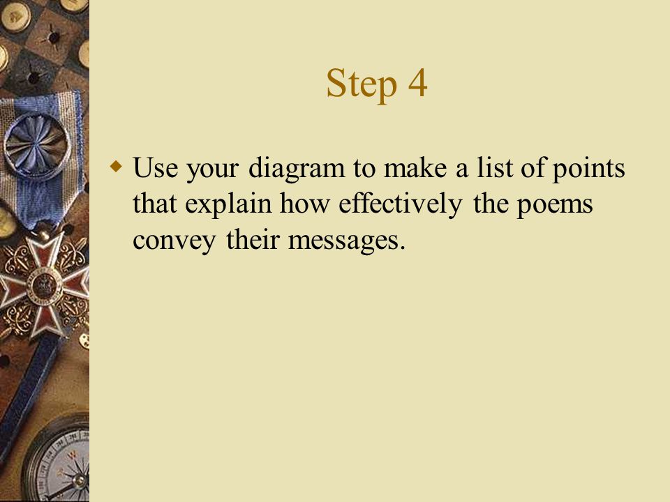 Step 4  Use your diagram to make a list of points that explain how effectively the poems convey their messages.
