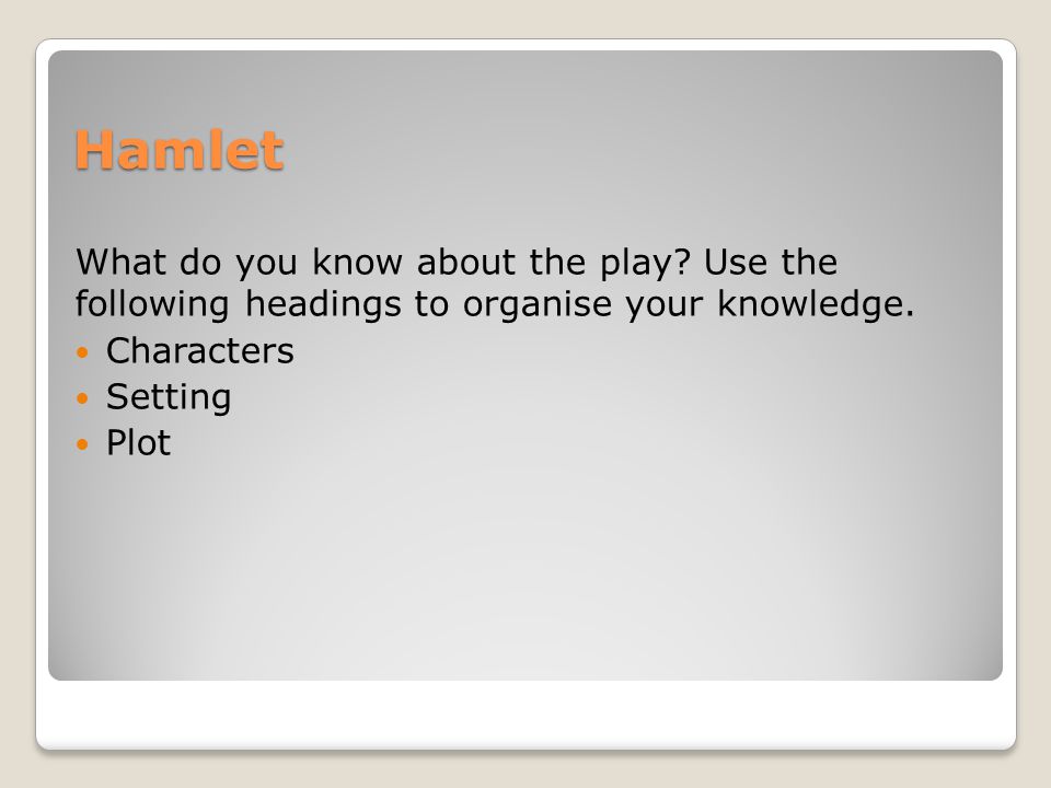 Hamlet What do you know about the play. Use the following headings to organise your knowledge.