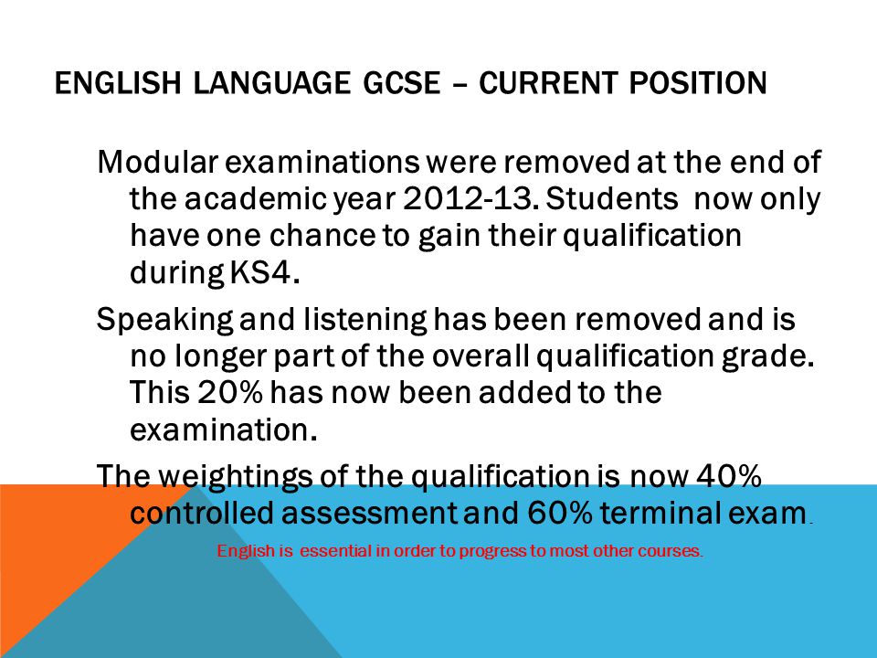ENGLISH LANGUAGE GCSE – CURRENT POSITION Modular examinations were removed at the end of the academic year
