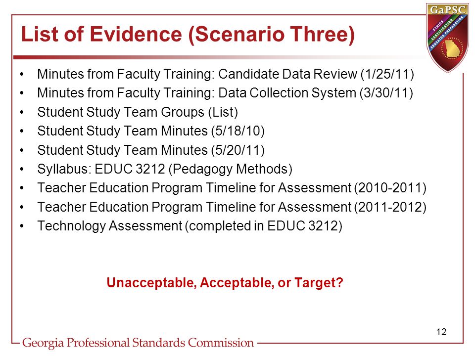 List of Evidence (Scenario Three) Minutes from Faculty Training: Candidate Data Review (1/25/11) Minutes from Faculty Training: Data Collection System (3/30/11) Student Study Team Groups (List) Student Study Team Minutes (5/18/10) Student Study Team Minutes (5/20/11) Syllabus: EDUC 3212 (Pedagogy Methods) Teacher Education Program Timeline for Assessment ( ) Teacher Education Program Timeline for Assessment ( ) Technology Assessment (completed in EDUC 3212) Unacceptable, Acceptable, or Target.