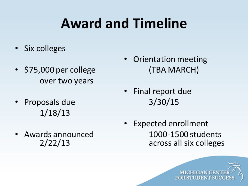 Award and Timeline Six colleges $75,000 per college over two years Proposals due 1/18/13 Awards announced 2/22/13 Orientation meeting (TBA MARCH) Final report due 3/30/15 Expected enrollment students across all six colleges