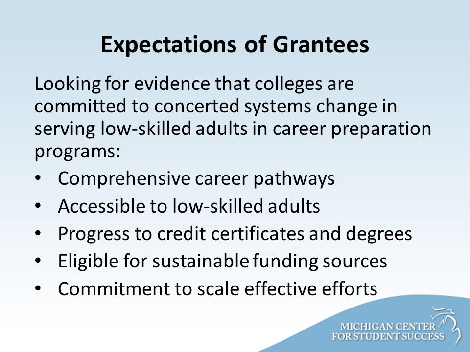 Expectations of Grantees Looking for evidence that colleges are committed to concerted systems change in serving low-skilled adults in career preparation programs: Comprehensive career pathways Accessible to low-skilled adults Progress to credit certificates and degrees Eligible for sustainable funding sources Commitment to scale effective efforts