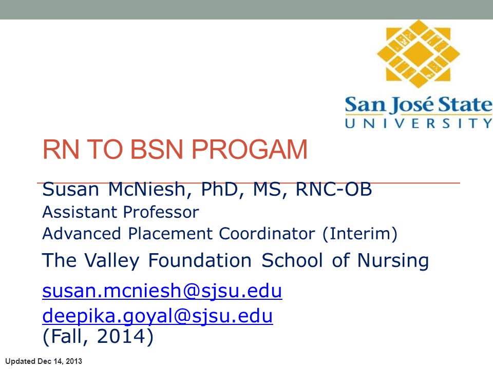 Susan McNiesh, PhD, MS, RNC-OB Assistant Professor Advanced Placement Coordinator (Interim) The Valley Foundation School of Nursing  (Fall, 2014) RN TO BSN PROGAM Updated Dec 14, 2013