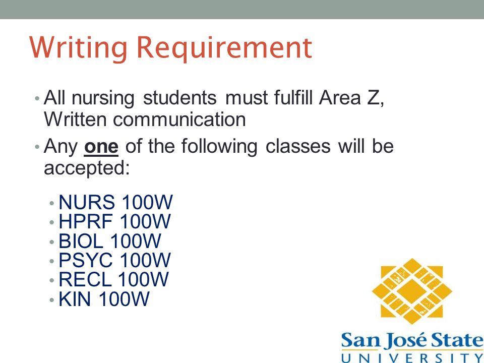Writing Requirement All nursing students must fulfill Area Z, Written communication Any one of the following classes will be accepted: NURS 100W HPRF 100W BIOL 100W PSYC 100W RECL 100W KIN 100W
