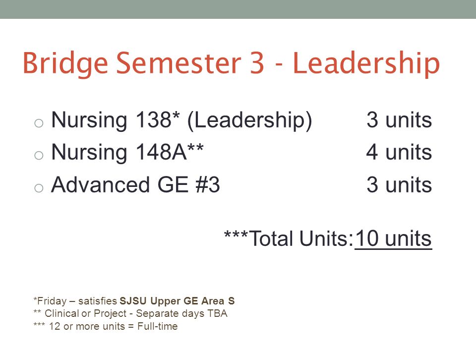 Bridge Semester 3 - Leadership o Nursing 138* (Leadership)3 units o Nursing 148A** 4 units o Advanced GE #33 units ***Total Units :10 units *Friday – satisfies SJSU Upper GE Area S ** Clinical or Project - Separate days TBA *** 12 or more units = Full-time
