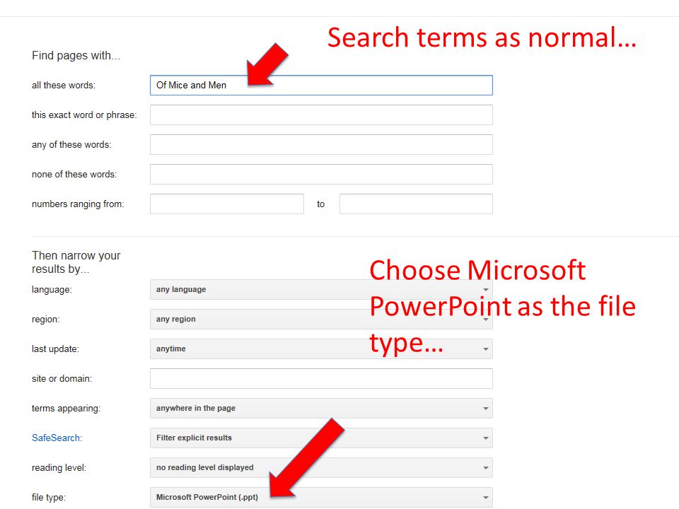 Choose Microsoft PowerPoint as the file type… Search terms as normal…