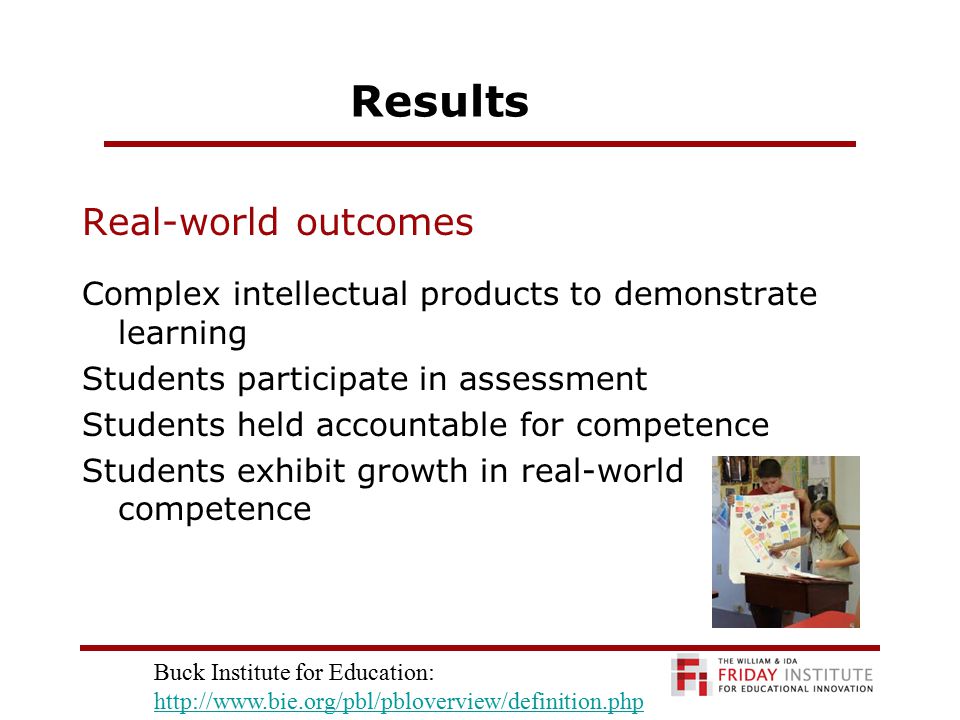 Results Real-world outcomes Complex intellectual products to demonstrate learning Students participate in assessment Students held accountable for competence Students exhibit growth in real-world competence Buck Institute for Education: