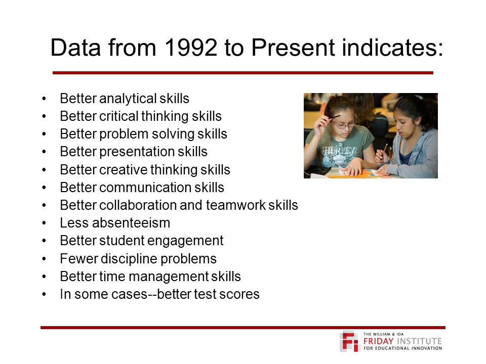 Data from 1992 to Present indicates: Better analytical skills Better critical thinking skills Better problem solving skills Better presentation skills Better creative thinking skills Better communication skills Better collaboration and teamwork skills Less absenteeism Better student engagement Fewer discipline problems Better time management skills In some cases--better test scores
