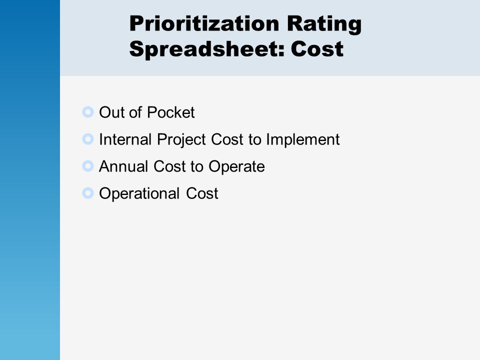 Prioritization Rating Spreadsheet: Cost  Out of Pocket  Internal Project Cost to Implement  Annual Cost to Operate  Operational Cost