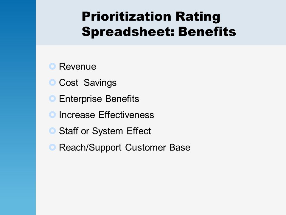 Prioritization Rating Spreadsheet: Benefits  Revenue  Cost Savings  Enterprise Benefits  Increase Effectiveness  Staff or System Effect  Reach/Support Customer Base