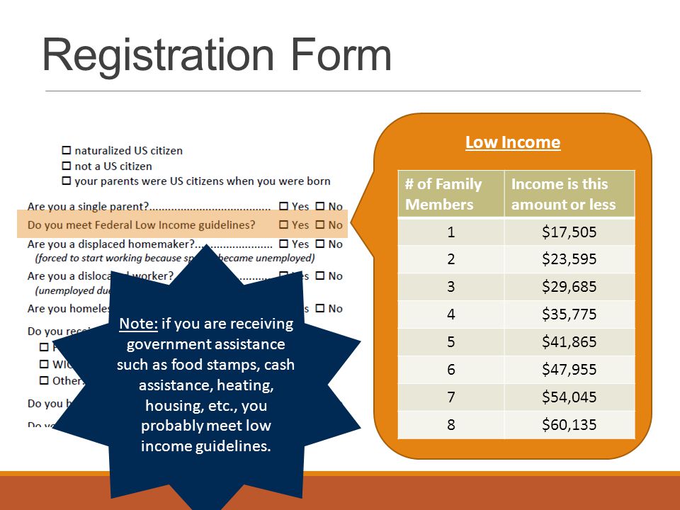 Registration Form Low Income # of Family Members Income is this amount or less 1$17,505 2$23,595 3$29,685 4$35,775 5$41,865 6$47,955 7$54,045 8$60,135 Note: if you are receiving government assistance such as food stamps, cash assistance, heating, housing, etc., you probably meet low income guidelines.