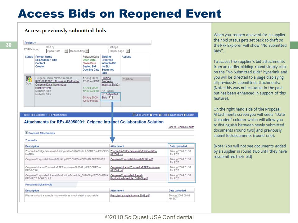 ©2010 SciQuest USA Confidential 30 Access Bids on Reopened Event