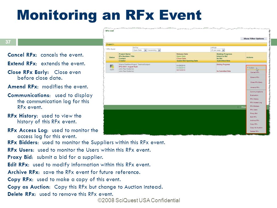 ©2008 SciQuest USA Confidential 37 Monitoring an RFx Event Cancel RFx: cancels the event.