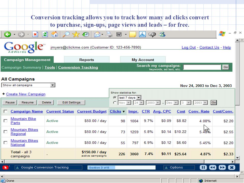 Conversion tracking allows you to track how many ad clicks convert to purchase, sign-ups, page views and leads – for free.