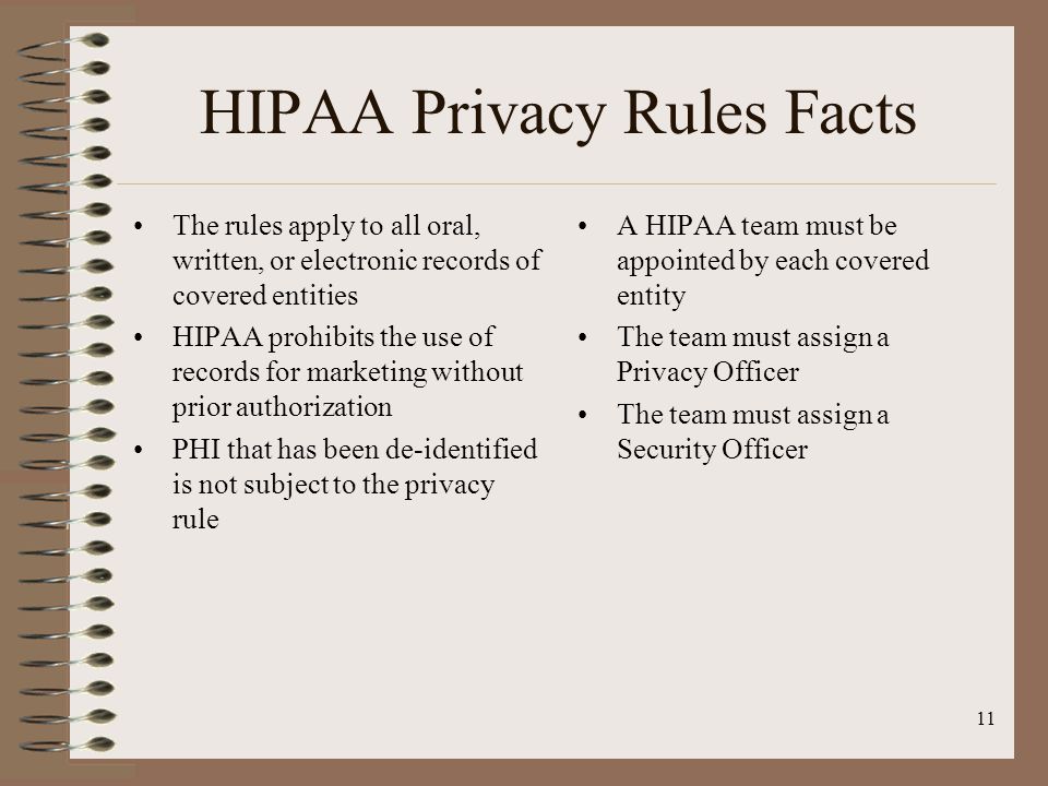 11 HIPAA Privacy Rules Facts The rules apply to all oral, written, or electronic records of covered entities HIPAA prohibits the use of records for marketing without prior authorization PHI that has been de-identified is not subject to the privacy rule A HIPAA team must be appointed by each covered entity The team must assign a Privacy Officer The team must assign a Security Officer