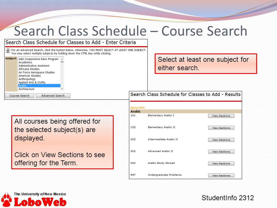 StudentInfo 2312 Select at least one subject for either search.