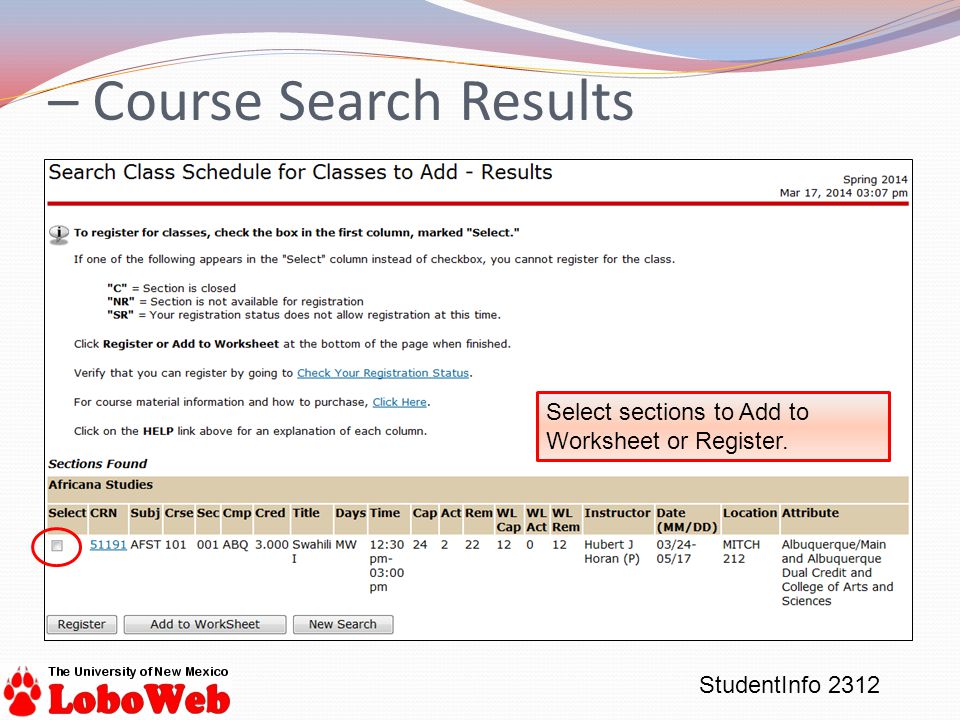 StudentInfo 2312 Select sections to Add to Worksheet or Register. – Course Search Results