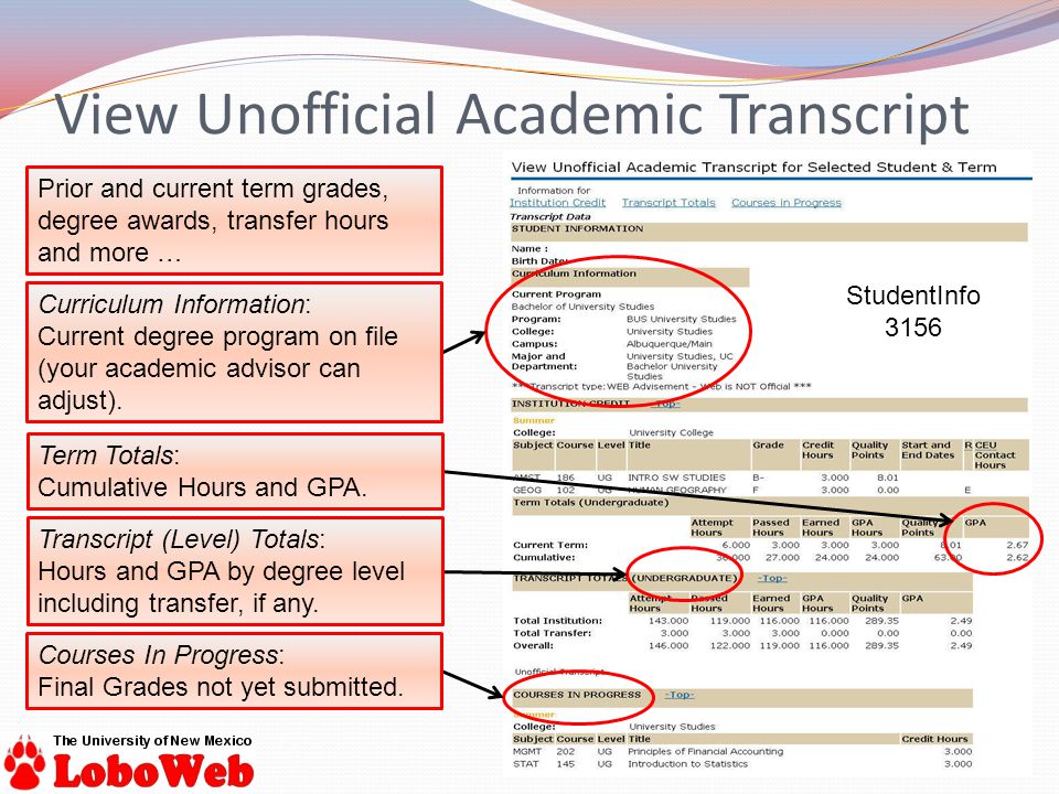 StudentInfo 3156 View Unofficial Academic Transcript Prior and current term grades, degree awards, transfer hours and more … Curriculum Information: Current degree program on file (your academic advisor can adjust).