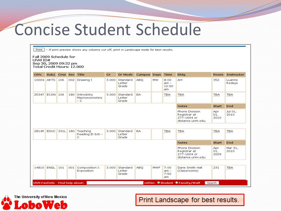 Print Landscape for best results. Concise Student Schedule