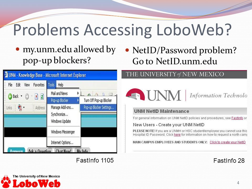 Problems Accessing LoboWeb. my.unm.edu allowed by pop-up blockers.