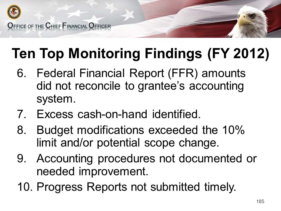 Ten Top Monitoring Findings (FY 2012) 6.Federal Financial Report (FFR) amounts did not reconcile to grantee’s accounting system.