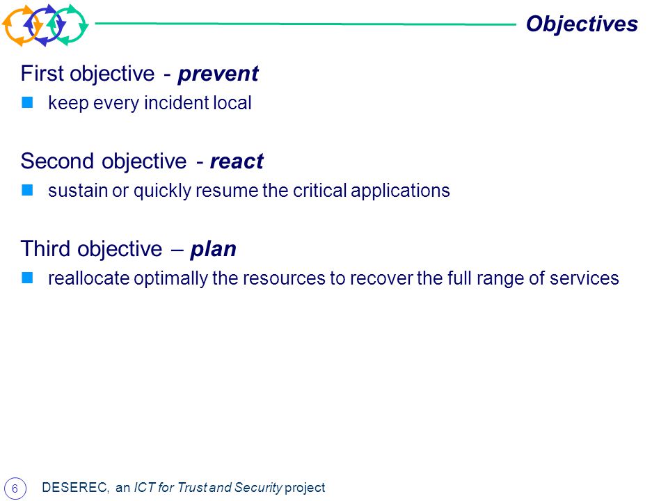 6 DESEREC, an ICT for Trust and Security project Objectives First objective - prevent keep every incident local Second objective - react sustain or quickly resume the critical applications Third objective – plan reallocate optimally the resources to recover the full range of services