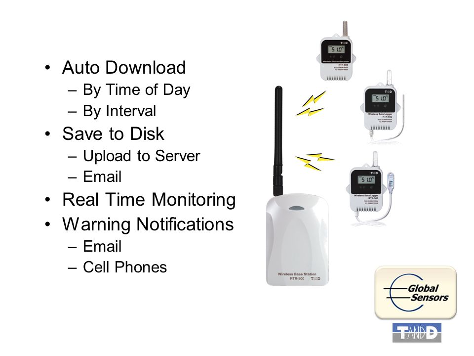 Auto Download –By Time of Day –By Interval Save to Disk –Upload to Server – Real Time Monitoring Warning Notifications – –Cell Phones