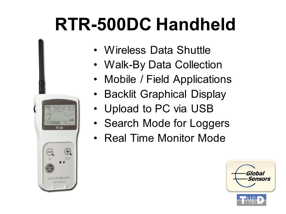 RTR-500DC Handheld Wireless Data Shuttle Walk-By Data Collection Mobile / Field Applications Backlit Graphical Display Upload to PC via USB Search Mode for Loggers Real Time Monitor Mode