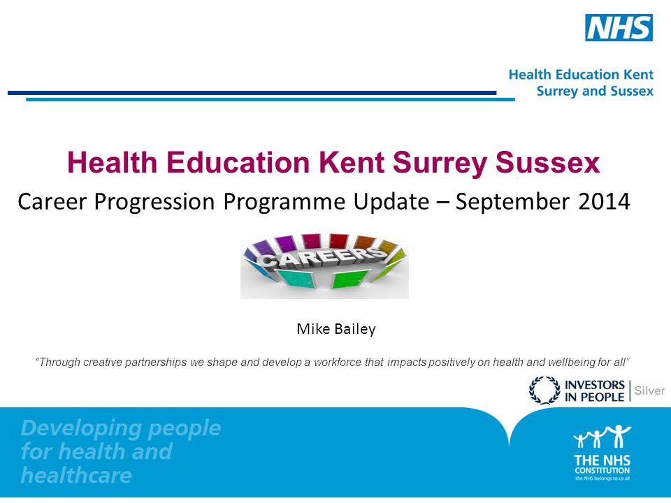 11 Health Education Kent Surrey Sussex Through creative partnerships we shape and develop a workforce that impacts positively on health and wellbeing for all Career Progression Programme Update – September 2014 Mike Bailey