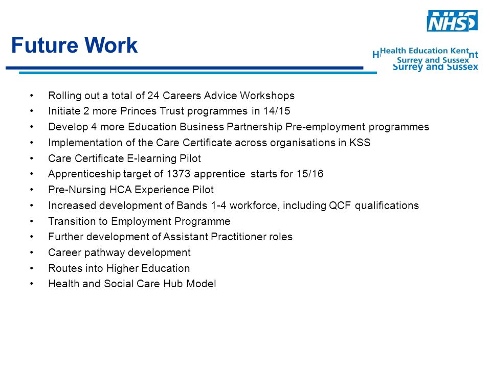 Future Work Rolling out a total of 24 Careers Advice Workshops Initiate 2 more Princes Trust programmes in 14/15 Develop 4 more Education Business Partnership Pre-employment programmes Implementation of the Care Certificate across organisations in KSS Care Certificate E-learning Pilot Apprenticeship target of 1373 apprentice starts for 15/16 Pre-Nursing HCA Experience Pilot Increased development of Bands 1-4 workforce, including QCF qualifications Transition to Employment Programme Further development of Assistant Practitioner roles Career pathway development Routes into Higher Education Health and Social Care Hub Model